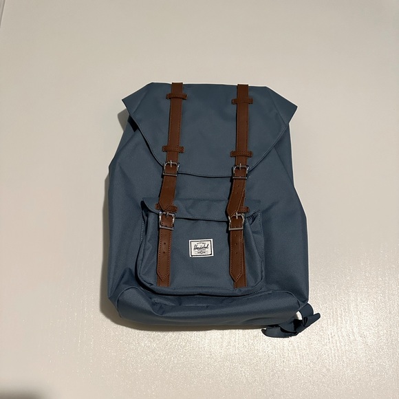 herschel backpack blue stripes Heritage  Border Stripe/Tan Synthetic L inch laptop compartment Herschel Little America Backpack -